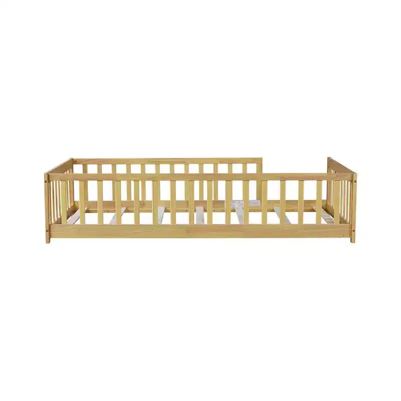 Whisen Twin Bed & Rubber Wood Floor Bed with Fence without Door, Multi - Functional Floor Bed for Kids' Sleep & Play