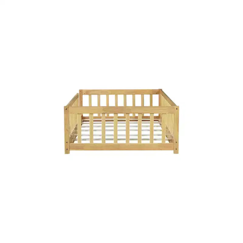 Whisen Twin Bed & Rubber Wood Floor Bed with Fence without Door, Multi - Functional Floor Bed for Kids' Sleep & Play