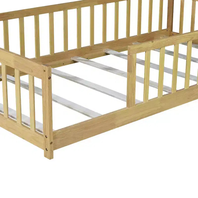 Whisen Twin Bed & Rubber Wood Floor Bed with Fence without Door, Multi - Functional Floor Bed for Kids' Sleep & Play