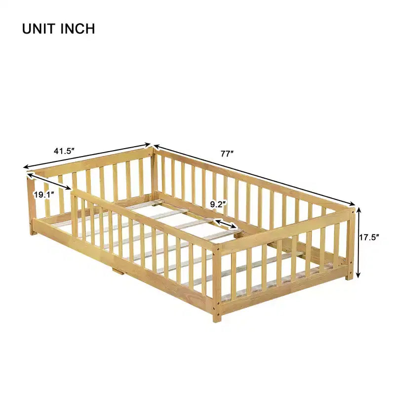 Whisen Twin Bed & Rubber Wood Floor Bed with Fence without Door, Multi - Functional Floor Bed for Kids' Sleep & Play