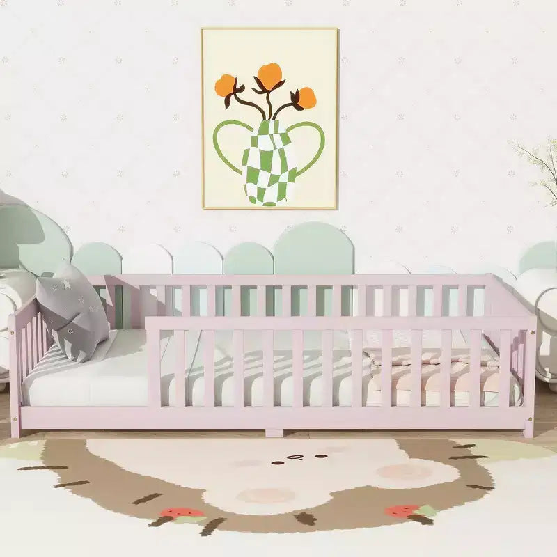 Whisen Twin Bed & Rubber Wood Floor Bed with Fence without Door, Multi - Functional Floor Bed for Kids' Sleep & Play
