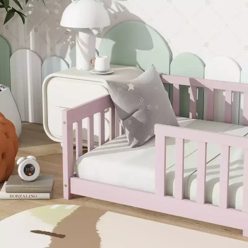Whisen Twin Bed & Rubber Wood Floor Bed with Fence without Door, Multi - Functional Floor Bed for Kids' Sleep & Play