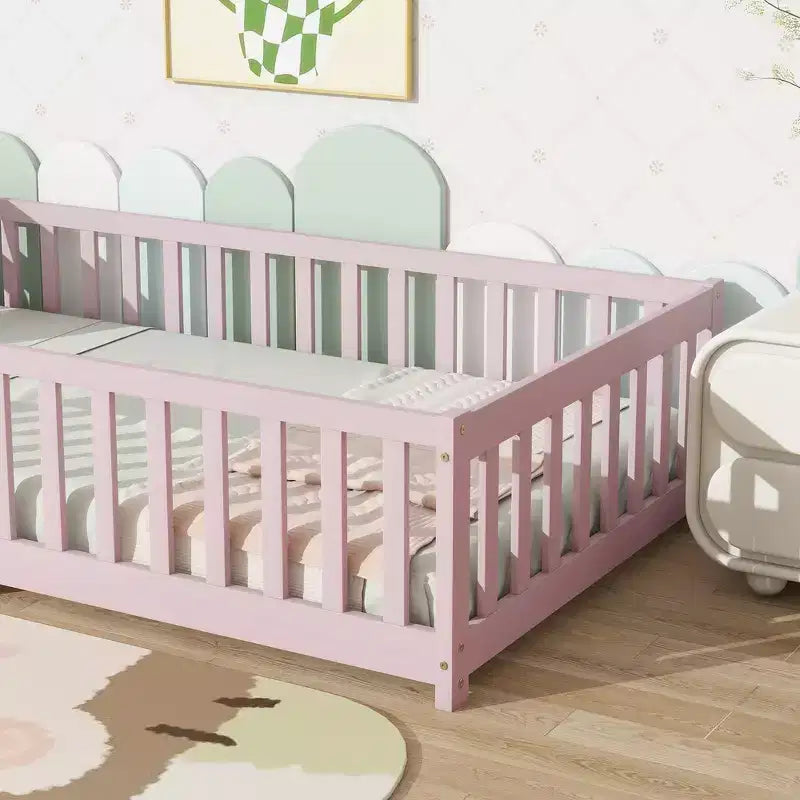 Whisen Twin Bed & Rubber Wood Floor Bed with Fence without Door, Multi - Functional Floor Bed for Kids' Sleep & Play