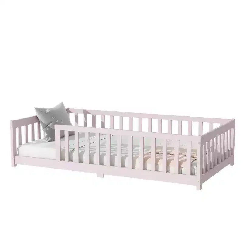 Whisen Twin Bed & Rubber Wood Floor Bed with Fence without Door, Multi - Functional Floor Bed for Kids' Sleep & Play
