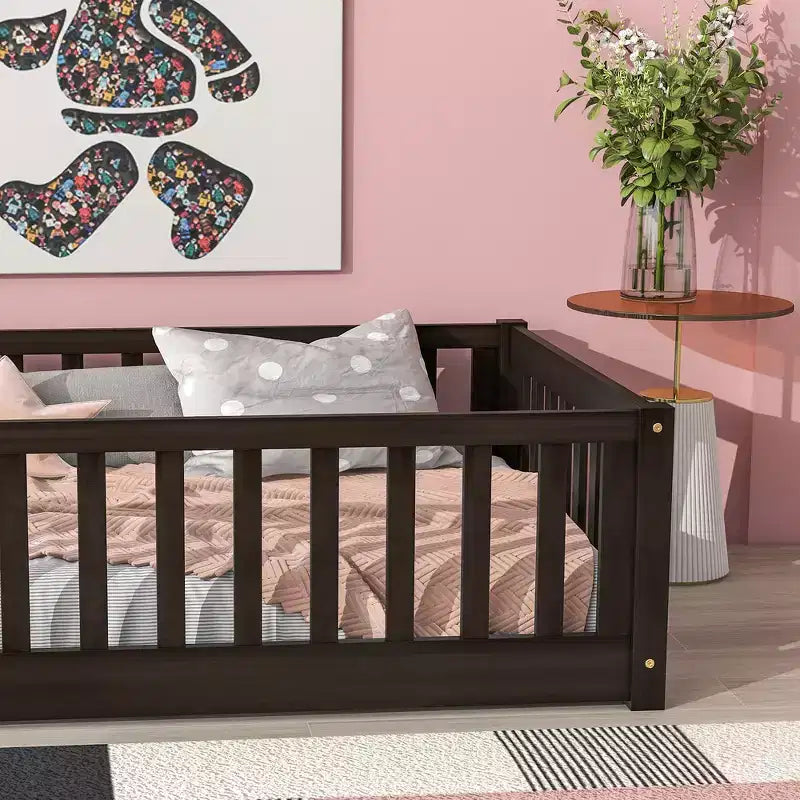 Whisen Twin Bed & Rubber Wood Floor Bed with Fence without Door, Multi - Functional Floor Bed for Kids' Sleep & Play