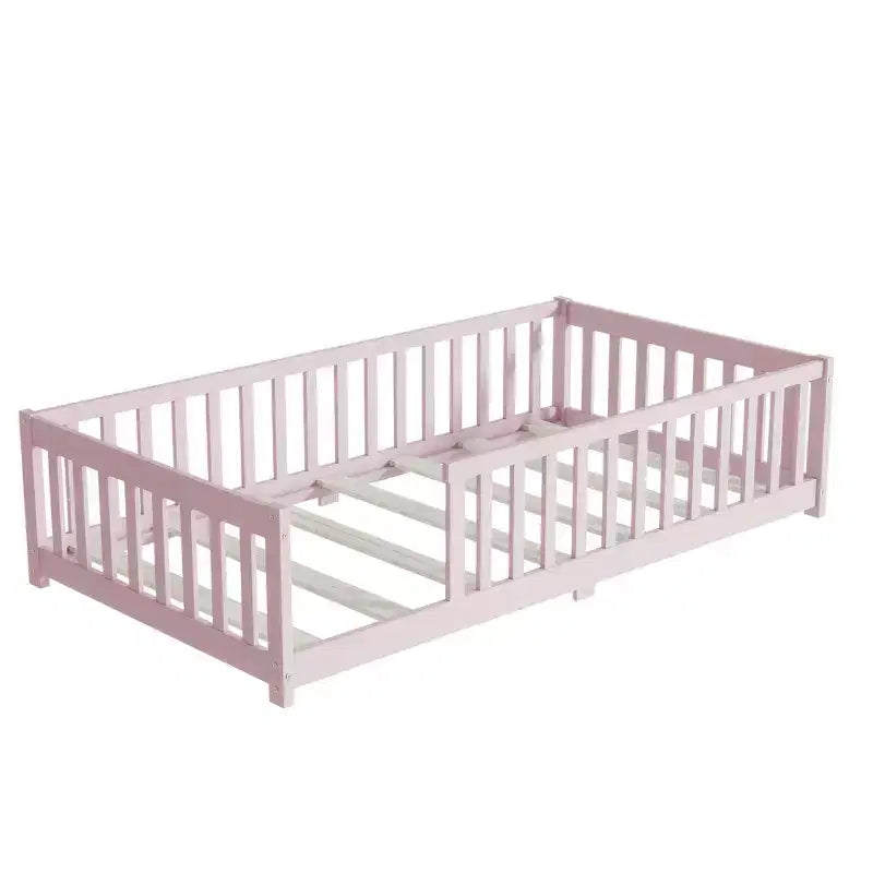 Whisen Twin Bed & Rubber Wood Floor Bed with Fence without Door, Multi - Functional Floor Bed for Kids' Sleep & Play