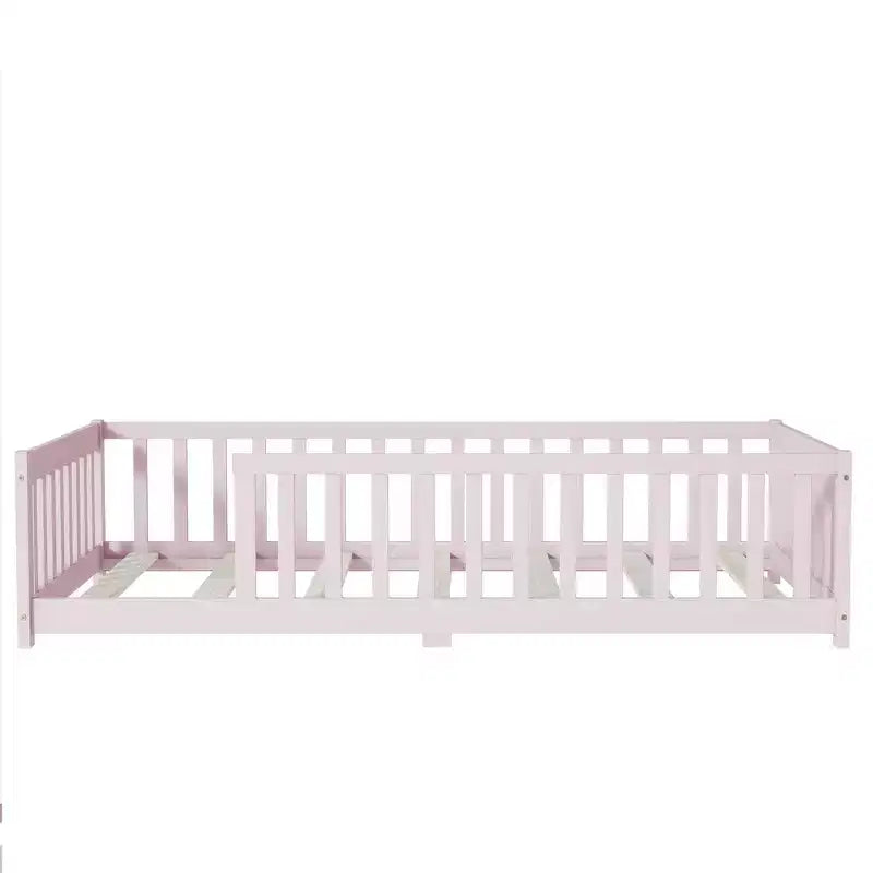 Whisen Twin Bed & Rubber Wood Floor Bed with Fence without Door, Multi - Functional Floor Bed for Kids' Sleep & Play