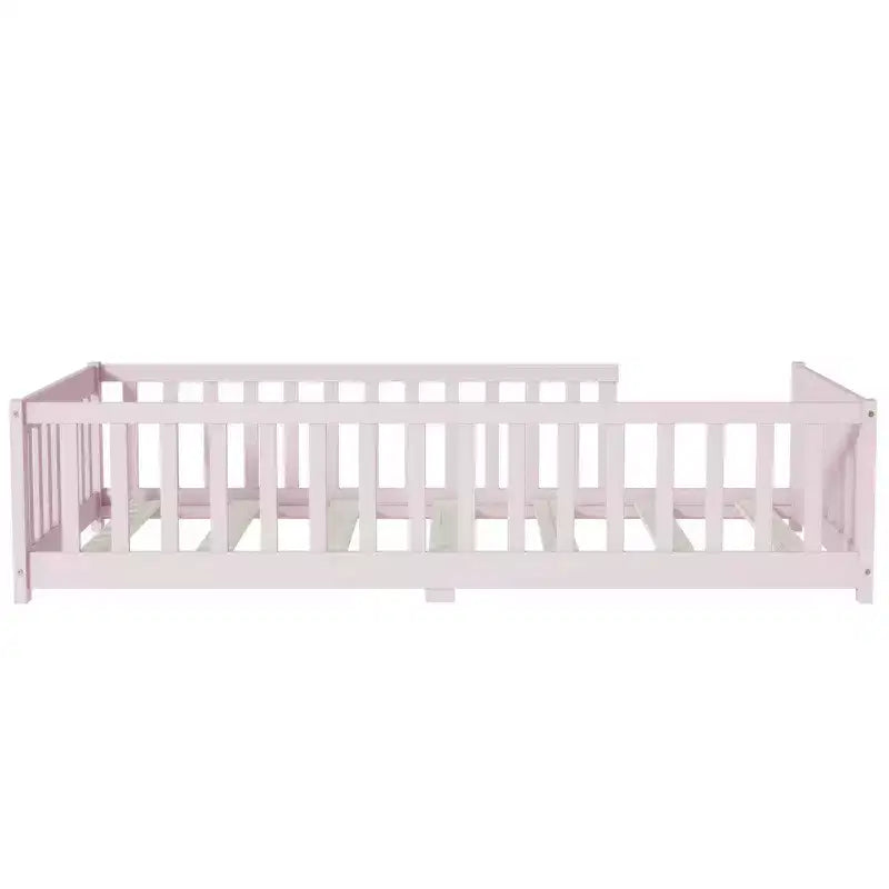 Whisen Twin Bed & Rubber Wood Floor Bed with Fence without Door, Multi - Functional Floor Bed for Kids' Sleep & Play