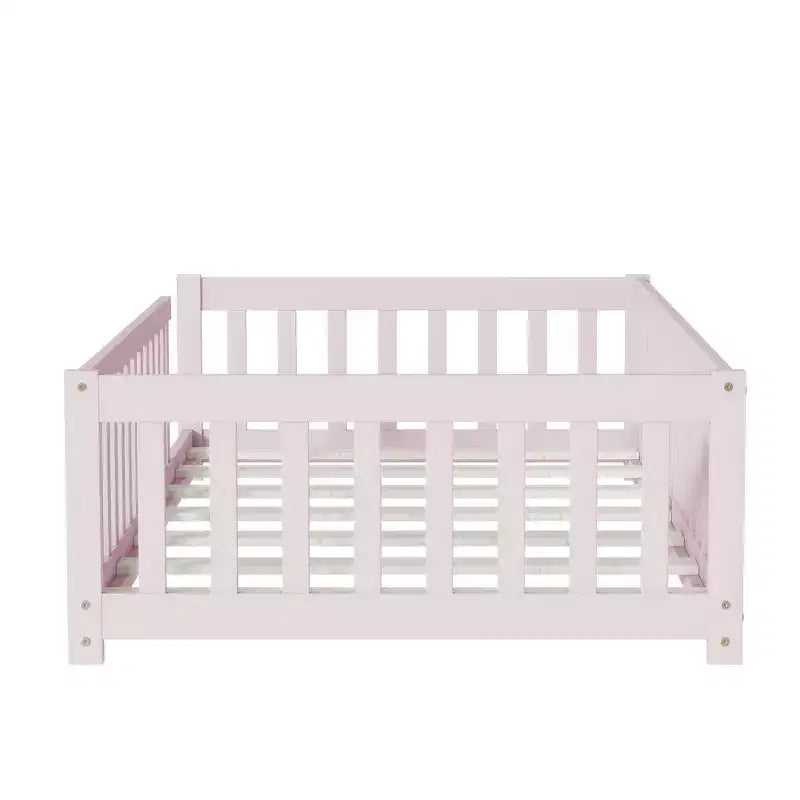 Whisen Twin Bed & Rubber Wood Floor Bed with Fence without Door, Multi - Functional Floor Bed for Kids' Sleep & Play
