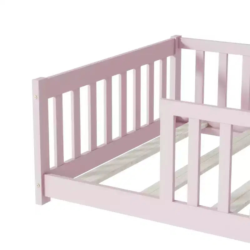 Whisen Twin Bed & Rubber Wood Floor Bed with Fence without Door, Multi - Functional Floor Bed for Kids' Sleep & Play