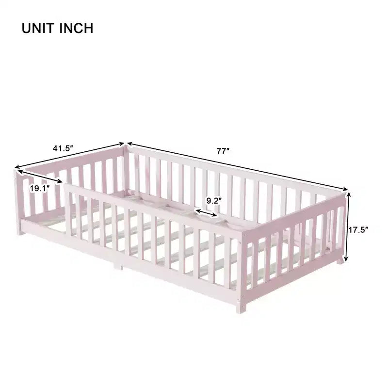Whisen Twin Bed & Rubber Wood Floor Bed with Fence without Door, Multi - Functional Floor Bed for Kids' Sleep & Play