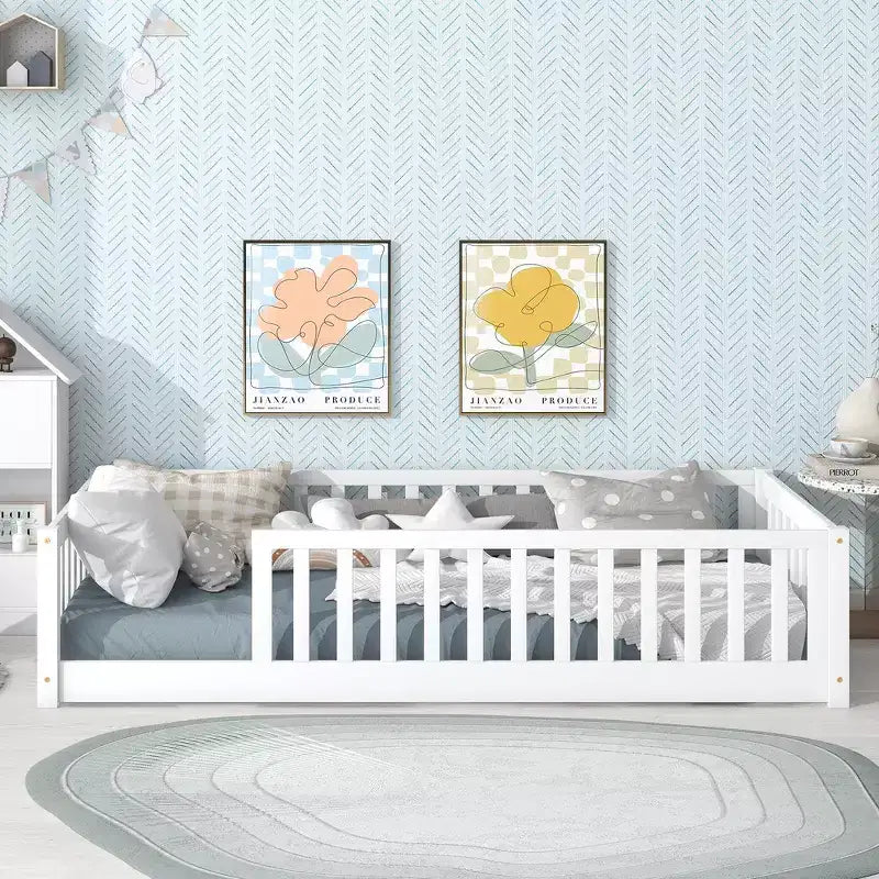 Whisen Twin Bed & Rubber Wood Floor Bed with Fence without Door, Multi - Functional Floor Bed for Kids' Sleep & Play