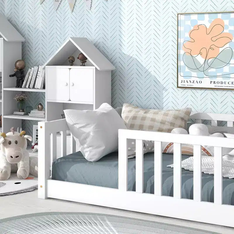 Whisen Twin Bed & Rubber Wood Floor Bed with Fence without Door, Multi - Functional Floor Bed for Kids' Sleep & Play