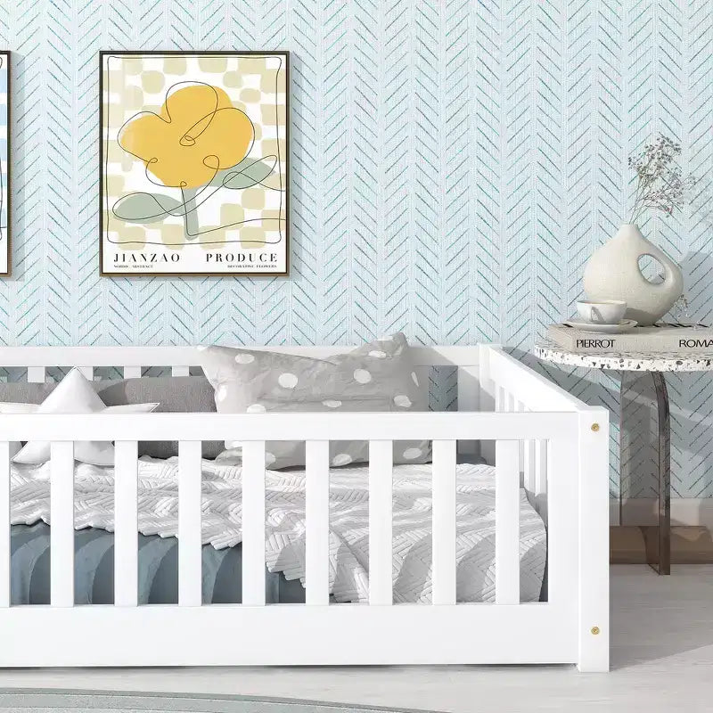 Whisen Twin Bed & Rubber Wood Floor Bed with Fence without Door, Multi - Functional Floor Bed for Kids' Sleep & Play