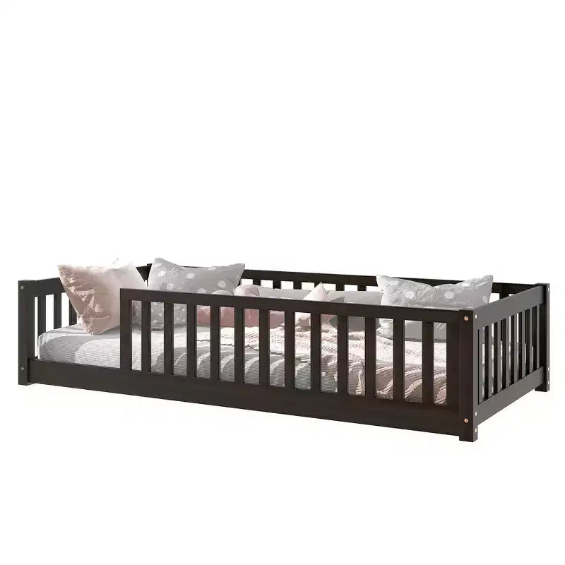 Whisen Twin Bed & Rubber Wood Floor Bed with Fence without Door, Multi - Functional Floor Bed for Kids' Sleep & Play