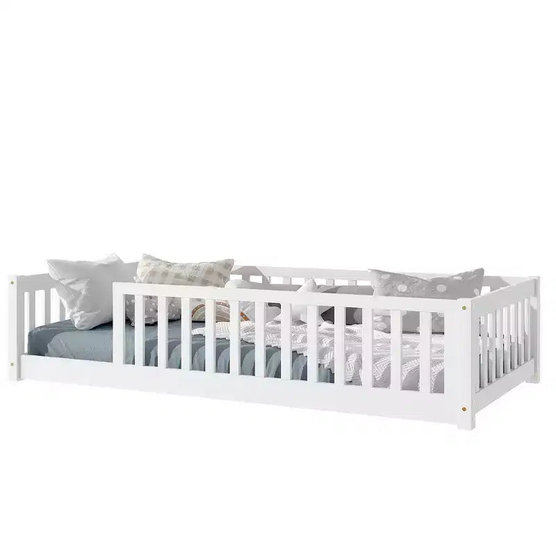 Whisen Twin Bed & Rubber Wood Floor Bed with Fence without Door, Multi - Functional Floor Bed for Kids' Sleep & Play
