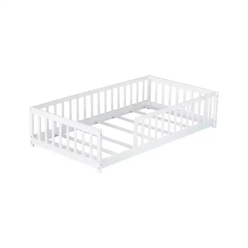 Whisen Twin Bed & Rubber Wood Floor Bed with Fence without Door, Multi - Functional Floor Bed for Kids' Sleep & Play