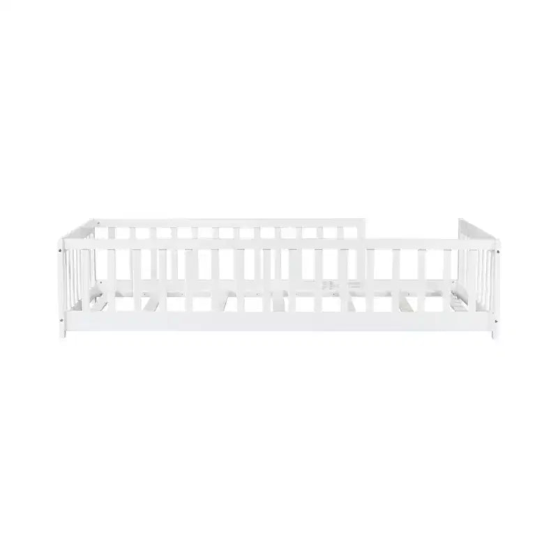 Whisen Twin Bed & Rubber Wood Floor Bed with Fence without Door, Multi - Functional Floor Bed for Kids' Sleep & Play