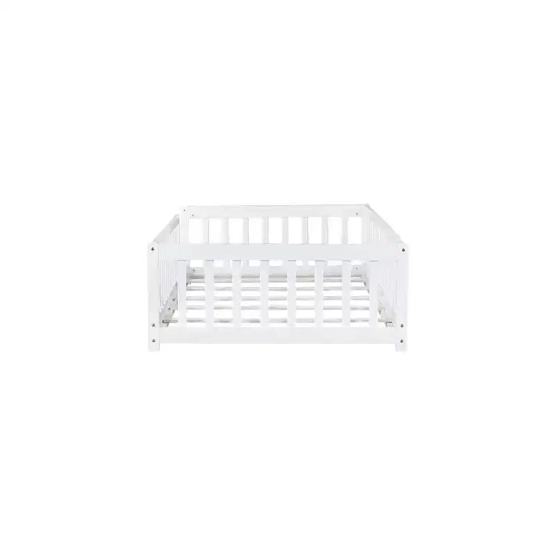 Whisen Twin Bed & Rubber Wood Floor Bed with Fence without Door, Multi - Functional Floor Bed for Kids' Sleep & Play