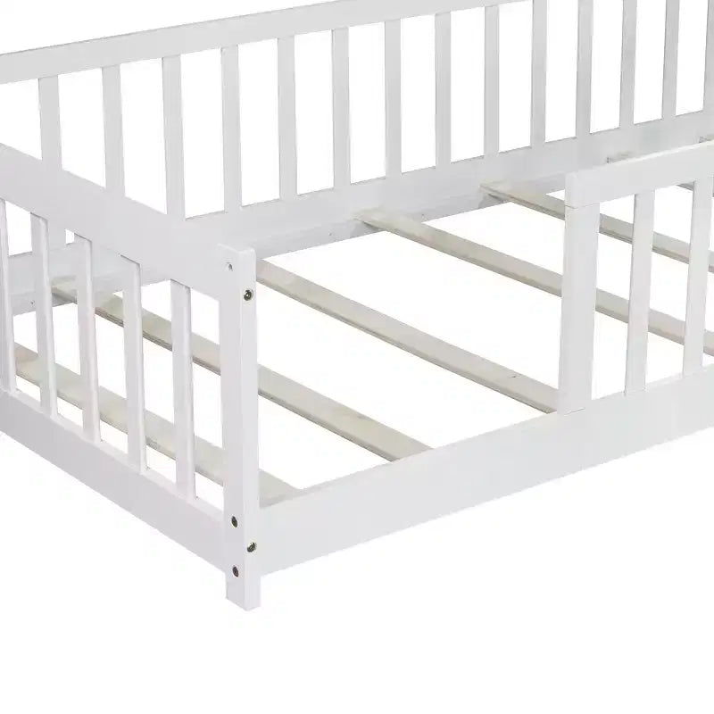 Whisen Twin Bed & Rubber Wood Floor Bed with Fence without Door, Multi - Functional Floor Bed for Kids' Sleep & Play