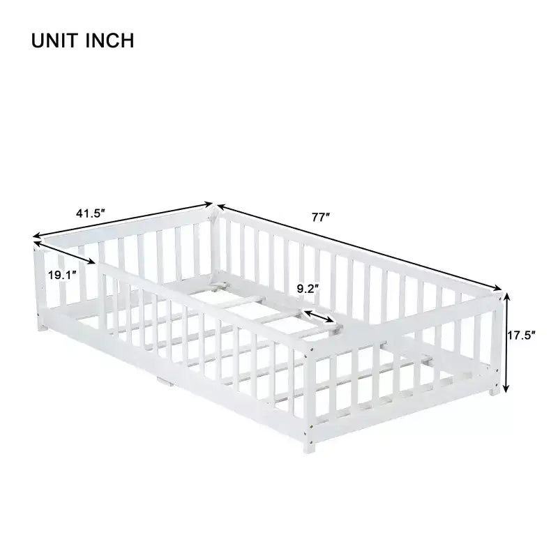 Whisen Twin Bed & Rubber Wood Floor Bed with Fence without Door, Multi - Functional Floor Bed for Kids' Sleep & Play