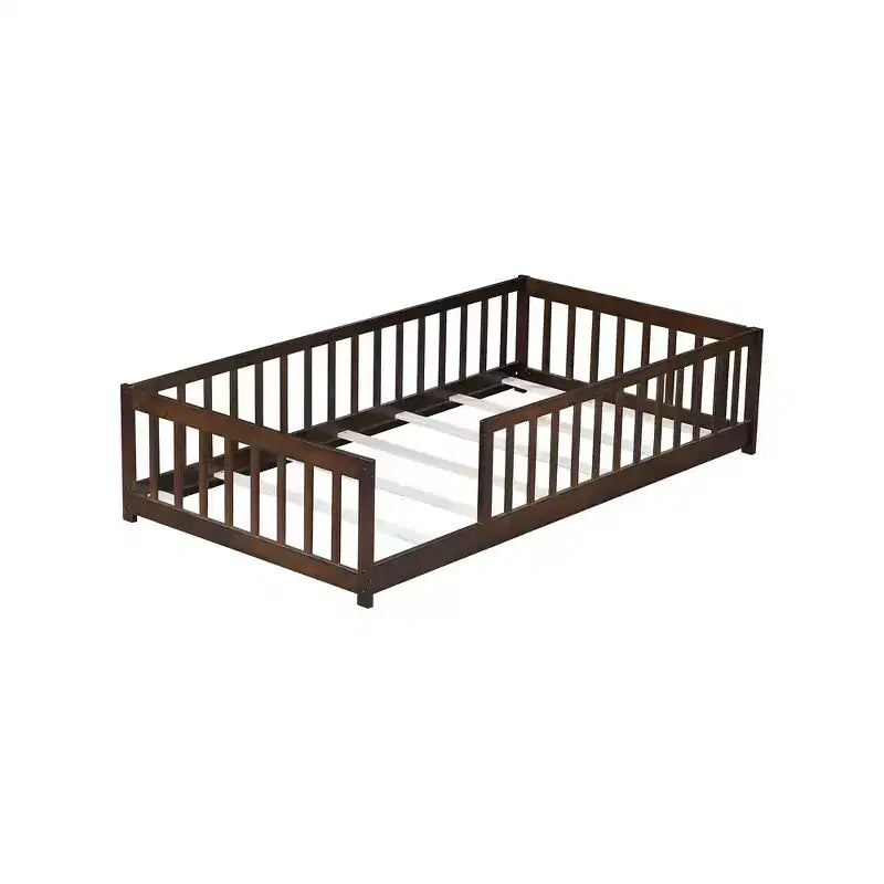 Whisen Twin Bed & Rubber Wood Floor Bed with Fence without Door, Multi - Functional Floor Bed for Kids' Sleep & Play
