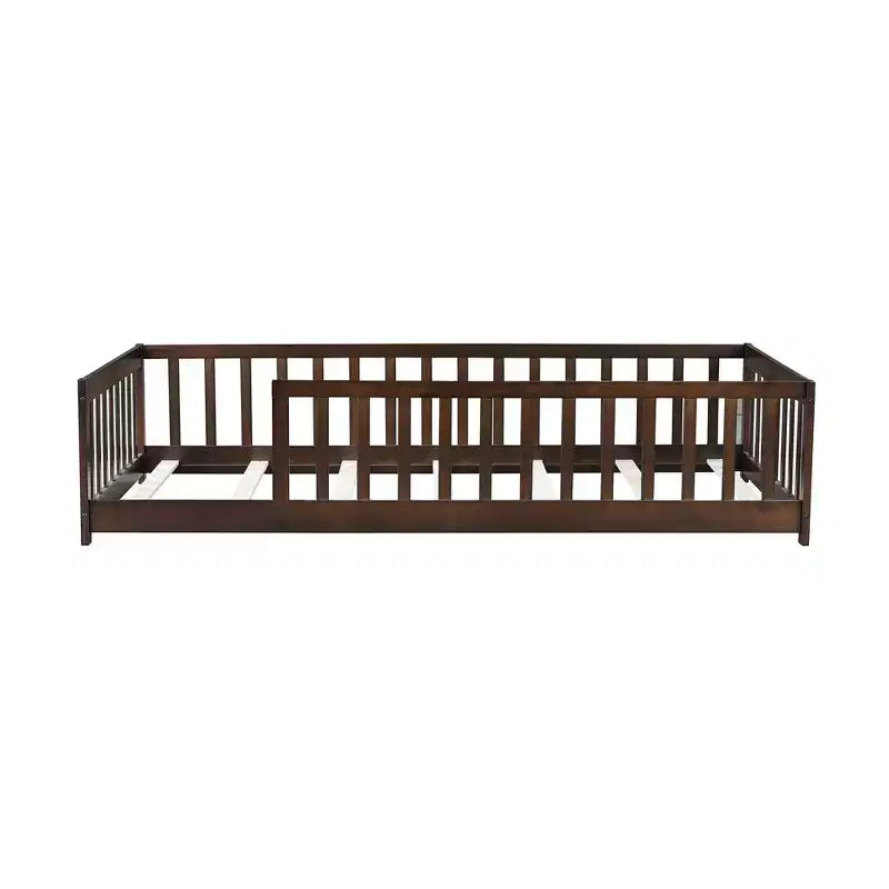 Whisen Twin Bed & Rubber Wood Floor Bed with Fence without Door, Multi - Functional Floor Bed for Kids' Sleep & Play