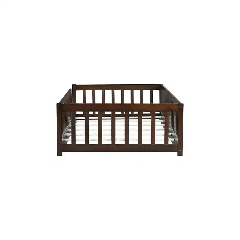 Whisen Twin Bed & Rubber Wood Floor Bed with Fence without Door, Multi - Functional Floor Bed for Kids' Sleep & Play