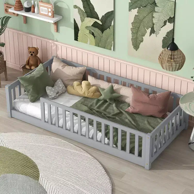 Whisen Twin Bed & Rubber Wood Floor Bed with Fence without Door, Multi - Functional Floor Bed for Kids' Sleep & Play