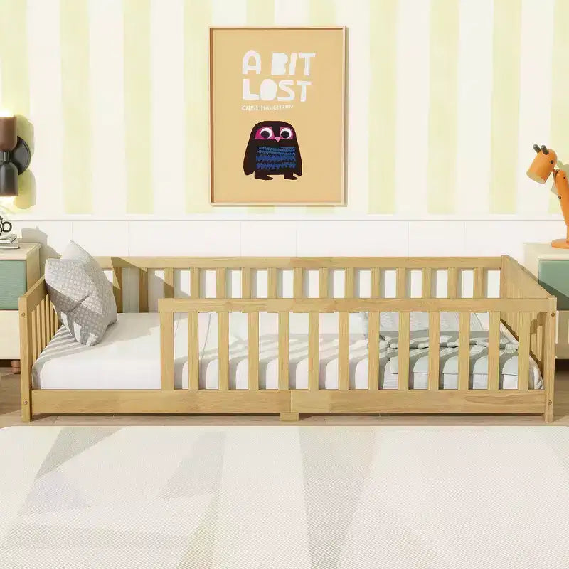 Whisen Twin Bed & Rubber Wood Floor Bed with Fence without Door, Multi - Functional Floor Bed for Kids' Sleep & Play