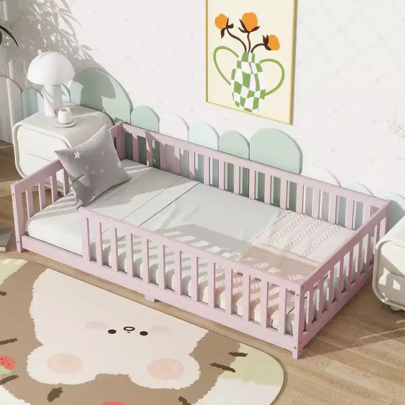 Whisen Twin Bed & Rubber Wood Floor Bed with Fence without Door, Multi - Functional Floor Bed for Kids' Sleep & Play