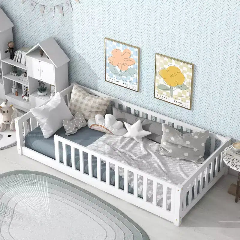 Whisen Twin Bed & Rubber Wood Floor Bed with Fence without Door, Multi - Functional Floor Bed for Kids' Sleep & Play