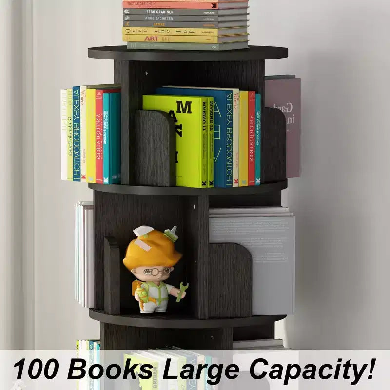 GustoWave 4 Tier Rotating Bookshelf Tower, Floor Standing Storage Rack, 360 Degree Revolvin Bookcase, Wood Narrow Bookshelf for Small Space
