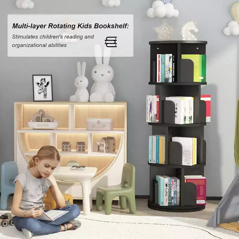 GustoWave 4 Tier Rotating Bookshelf Tower, Floor Standing Storage Rack, 360 Degree Revolvin Bookcase, Wood Narrow Bookshelf for Small Space