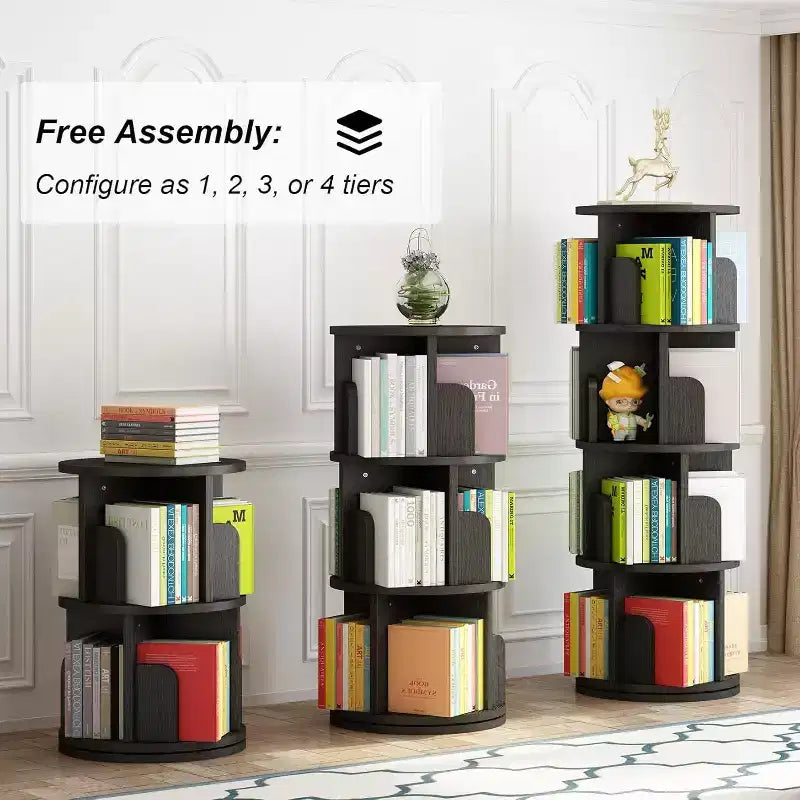 GustoWave 4 Tier Rotating Bookshelf Tower, Floor Standing Storage Rack, 360 Degree Revolvin Bookcase, Wood Narrow Bookshelf for Small Space