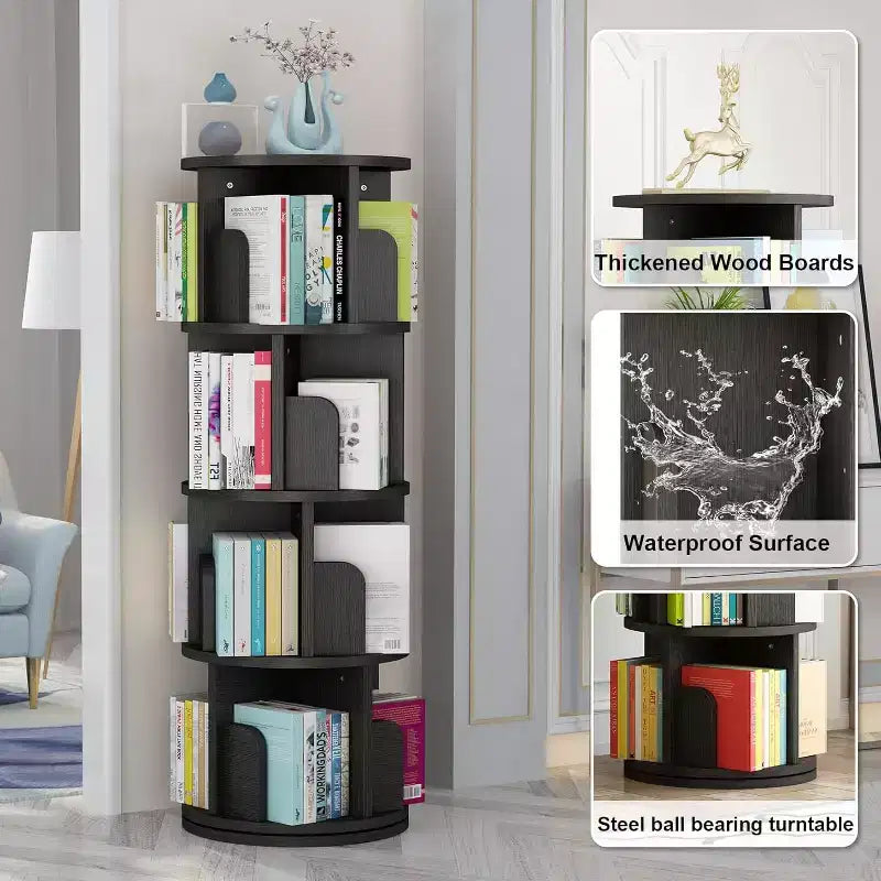 GustoWave 4 Tier Rotating Bookshelf Tower, Floor Standing Storage Rack, 360 Degree Revolvin Bookcase, Wood Narrow Bookshelf for Small Space