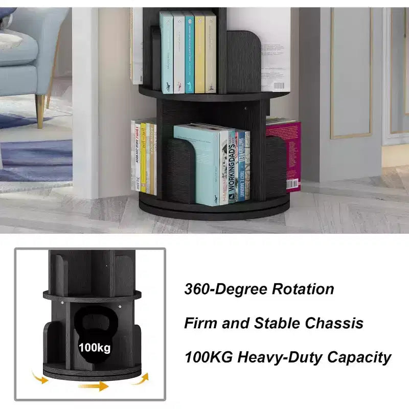 GustoWave 4 Tier Rotating Bookshelf Tower, Floor Standing Storage Rack, 360 Degree Revolvin Bookcase, Wood Narrow Bookshelf for Small Space