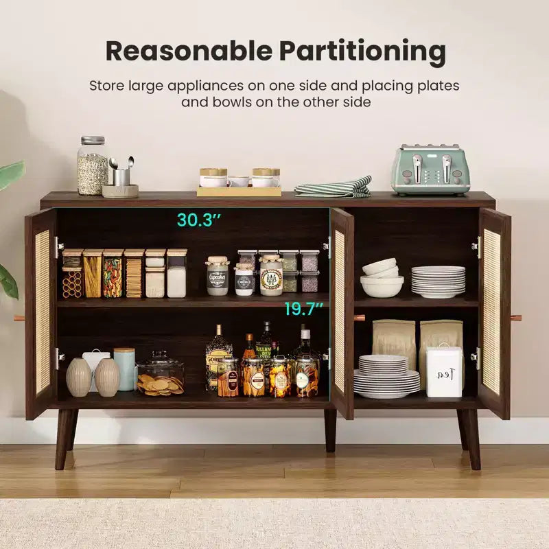 PexFix Sideboard Buffet Cabinet Kitchen Cabinet with 3 Rattan Doors and Adjustable Shelves