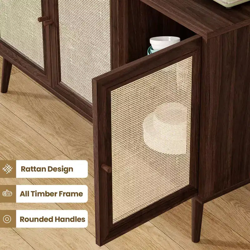 PexFix Sideboard Buffet Cabinet Kitchen Cabinet with 3 Rattan Doors and Adjustable Shelves