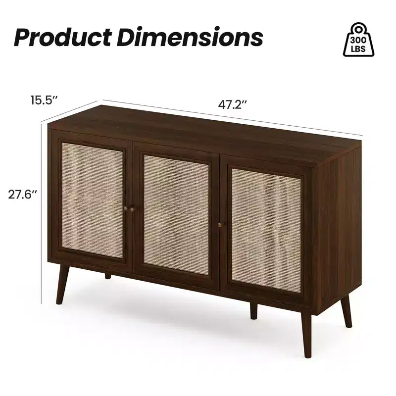 PexFix Sideboard Buffet Cabinet Kitchen Cabinet with 3 Rattan Doors and Adjustable Shelves