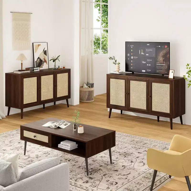 PexFix Sideboard Buffet Cabinet Kitchen Cabinet with 3 Rattan Doors and Adjustable Shelves