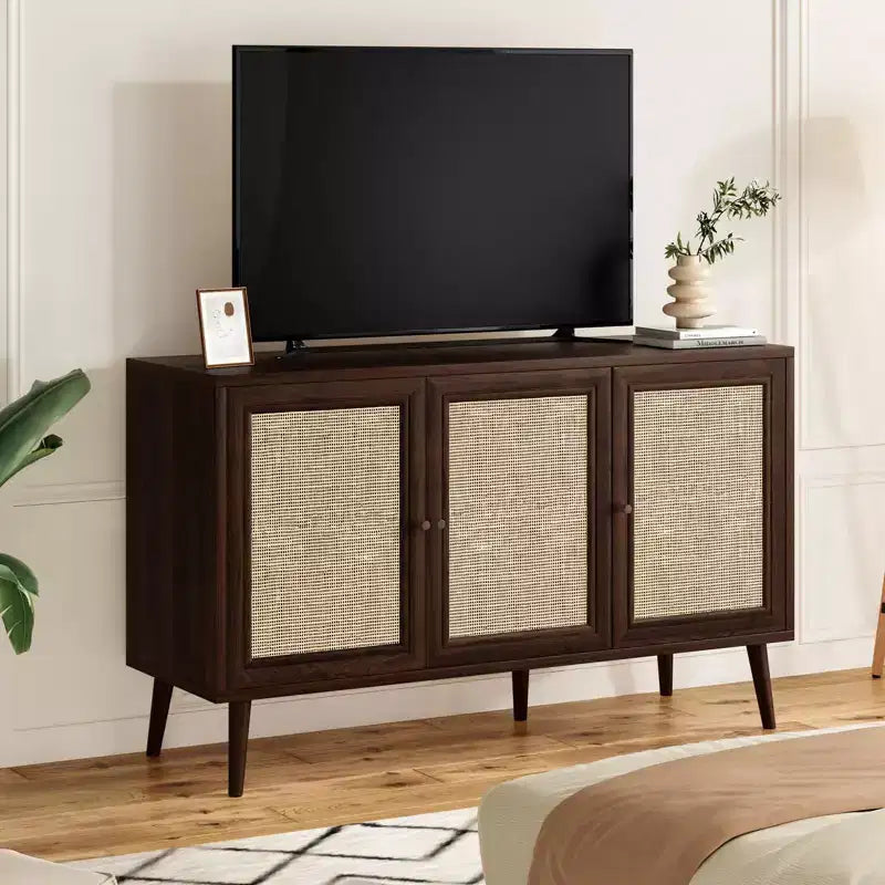 PexFix Sideboard Buffet Cabinet Kitchen Cabinet with 3 Rattan Doors and Adjustable Shelves