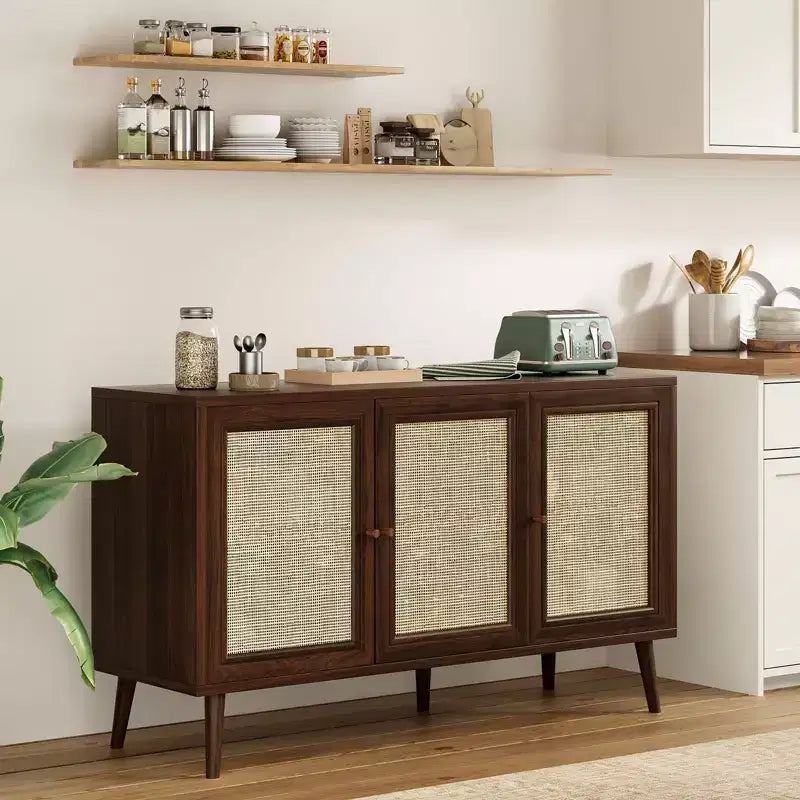 PexFix Sideboard Buffet Cabinet Kitchen Cabinet with 3 Rattan Doors and Adjustable Shelves