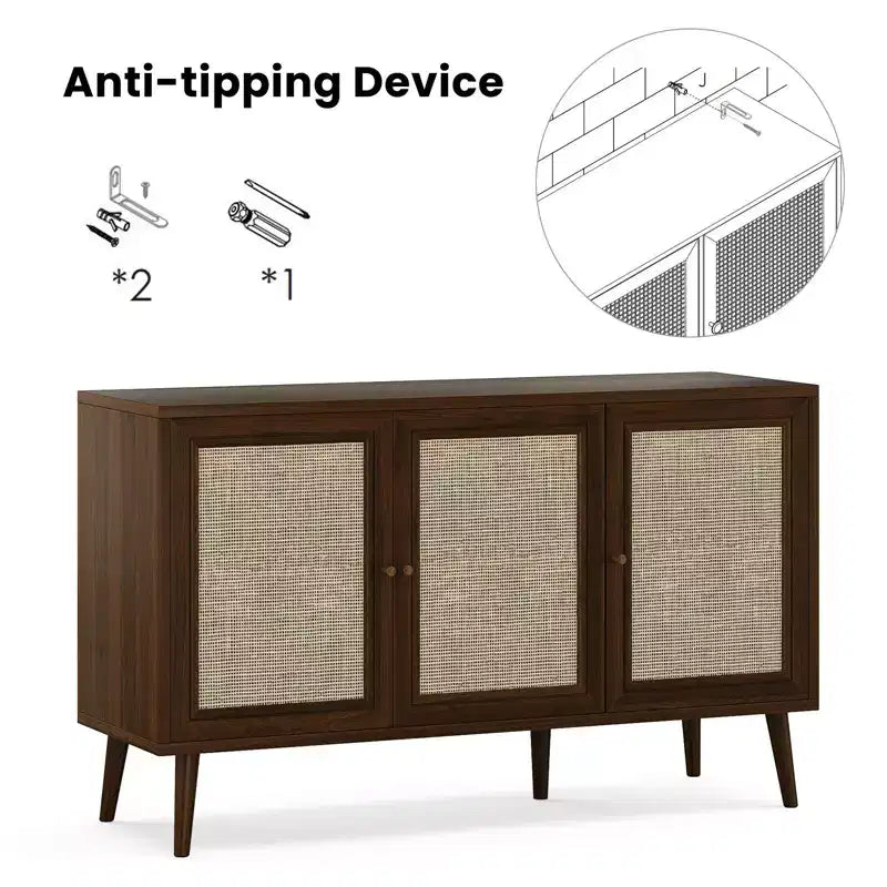 PexFix Sideboard Buffet Cabinet Kitchen Cabinet with 3 Rattan Doors and Adjustable Shelves