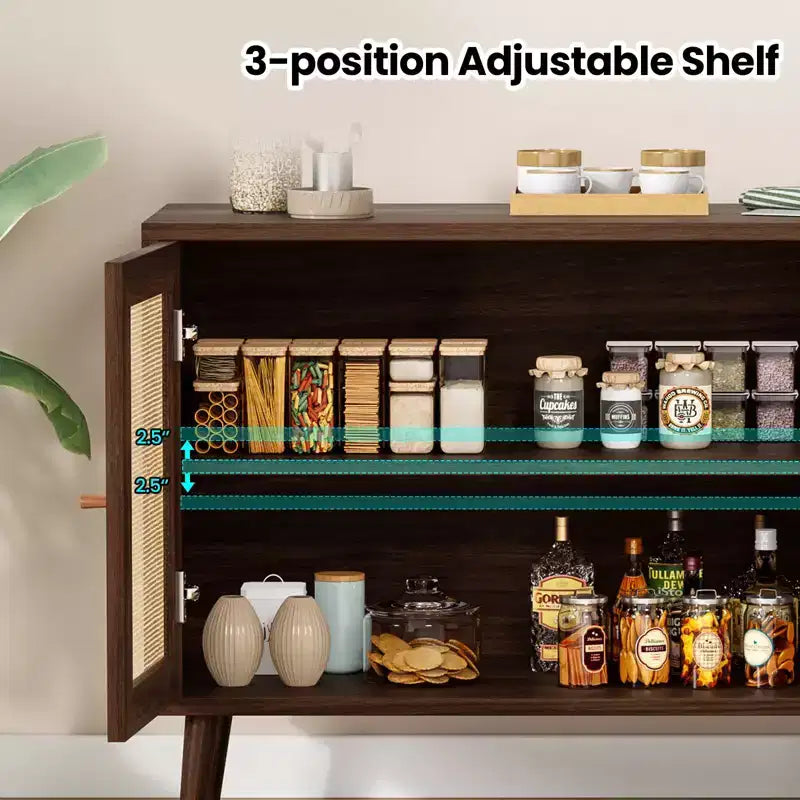 PexFix Sideboard Buffet Cabinet Kitchen Cabinet with 3 Rattan Doors and Adjustable Shelves