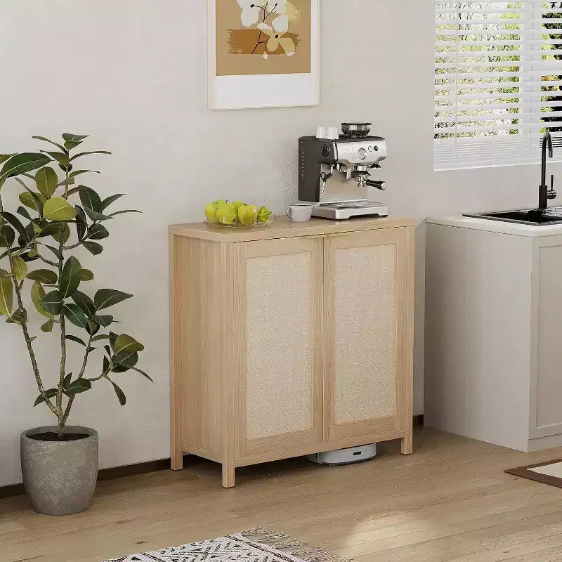 Freestanding Rattan Storage Cabinet with Doors & Adjustable Shelves, Modern Sideboard Buffet Cabinet for Living Room, Natural