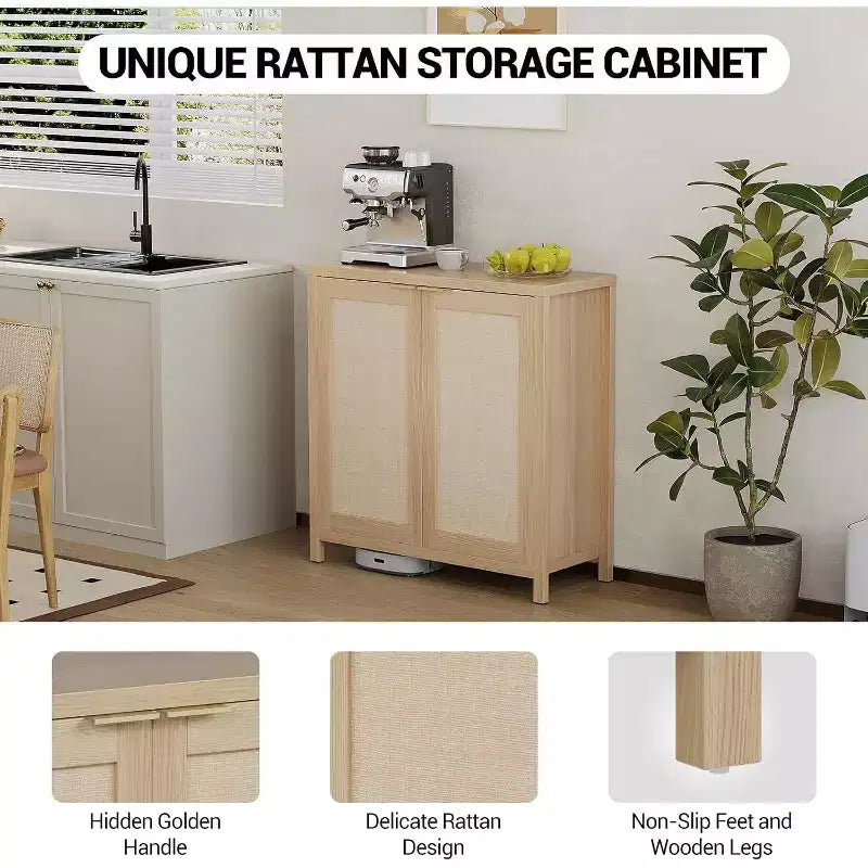 Freestanding Rattan Storage Cabinet with Doors & Adjustable Shelves, Modern Sideboard Buffet Cabinet for Living Room, Natural