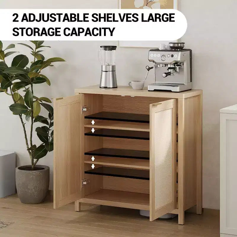 Freestanding Rattan Storage Cabinet with Doors & Adjustable Shelves, Modern Sideboard Buffet Cabinet for Living Room, Natural