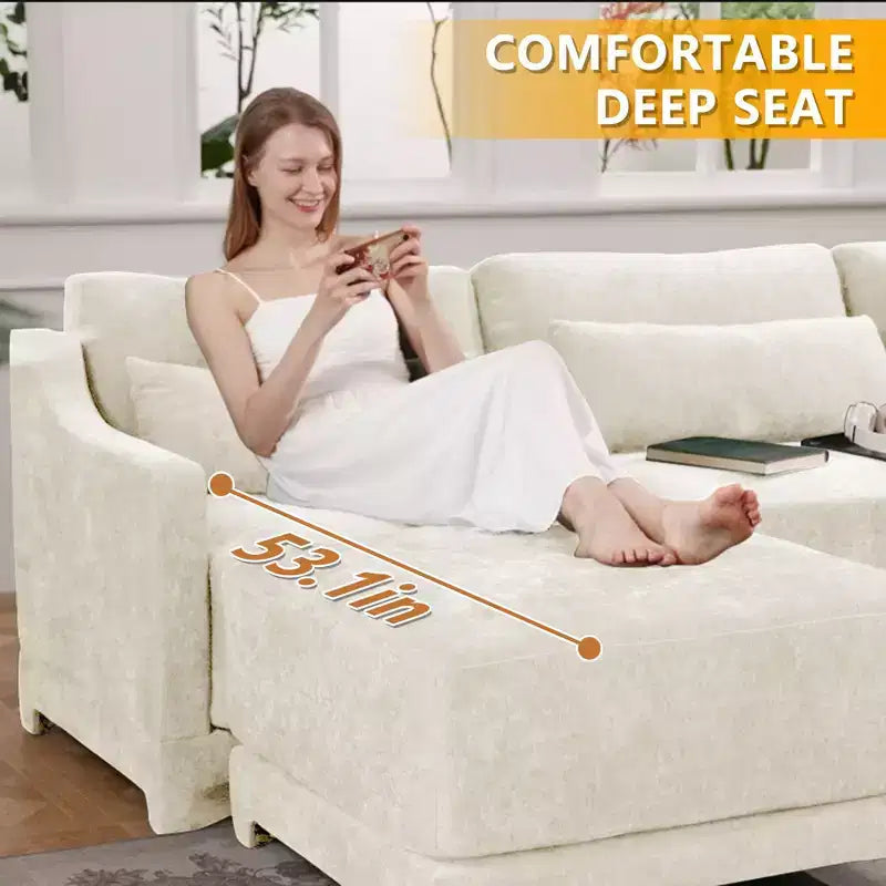 4-Seater Chenille Fabric Beige Sofa with 1 Movable Ottoman High Resilient Sponge Easy Install