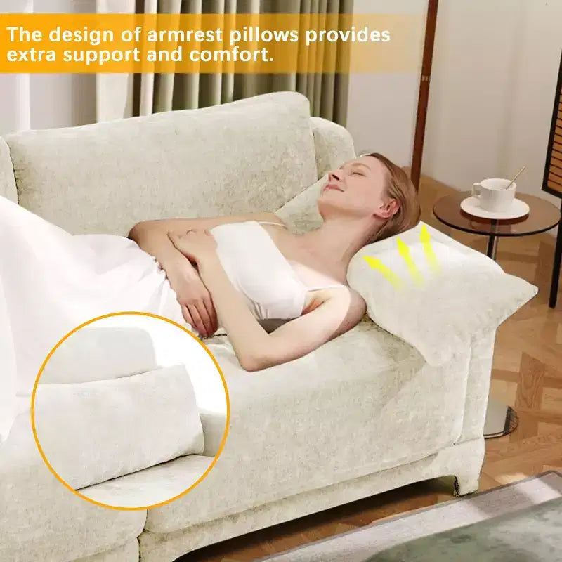 4-Seater Chenille Fabric Beige Sofa with 1 Movable Ottoman High Resilient Sponge Easy Install